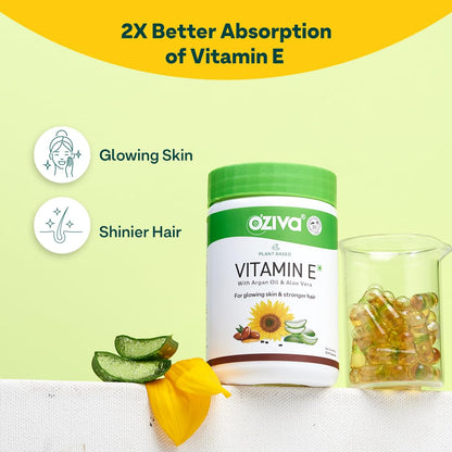 OZiva Plant Based Natural Vitamin E Capsules for Face & Hair with Sunflower oil, Aloe vera oil ,Argan oil, Vegan &Natural Vitamin E for Glowing Skin & Stronger Hair (Vitamin E, Pack of 1, 30 Capsules)