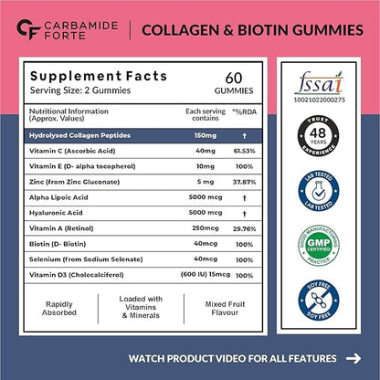 Carbamide Forte Collagen & Biotin Gummies | Collagen Supplements | Collagen for Women & Men for Skin & Hair | Mixed Fruit Flavour - 60 Gummies