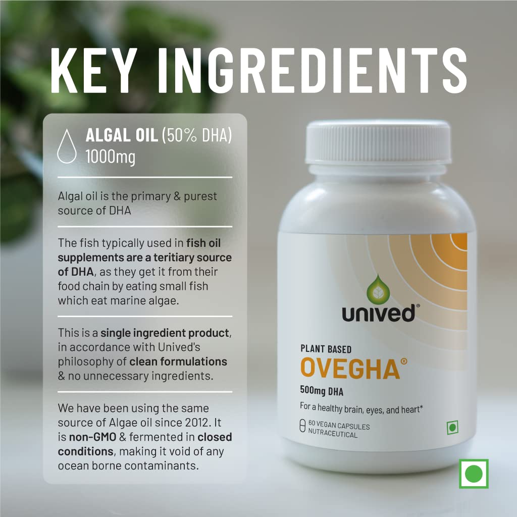 Unived OVEGHA Plant-Based Omega-3 DHA | 1000mg Algae Oil 500mg DHA Per Serving | for Heart, Hair, Skin, Joint, Brain & Eye Health | 60 Vegan Capsules