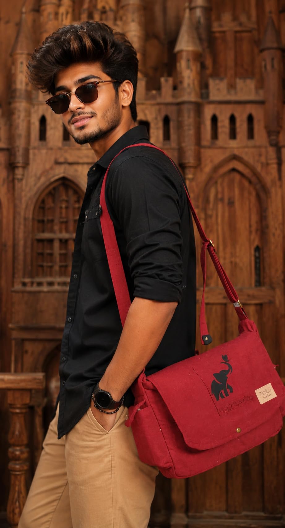 Papyrus Canvas Messenger Sling Bag,(32X23X10cm, 7.5L) Medium Size. Patching with Elephant Design (RED MAROON)