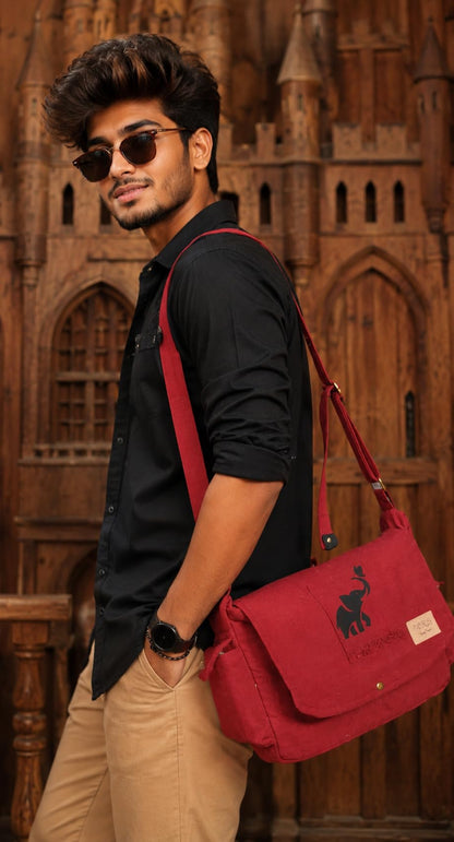 Papyrus Canvas Messenger Sling Bag,(32X23X10cm, 7.5L) Medium Size. Patching with Elephant Design (RED MAROON)