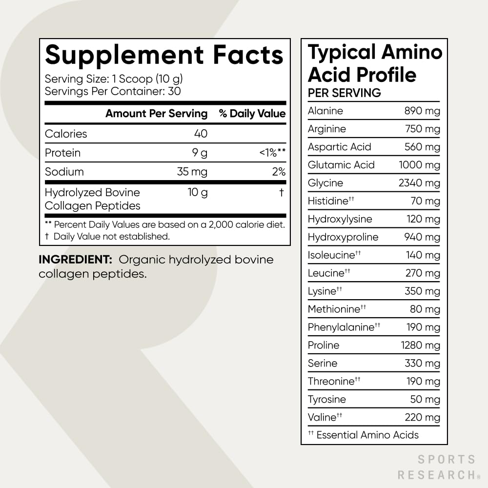 Sports Research Organic Collagen Peptides Unflavored Dietary Supplement Powder, 300g