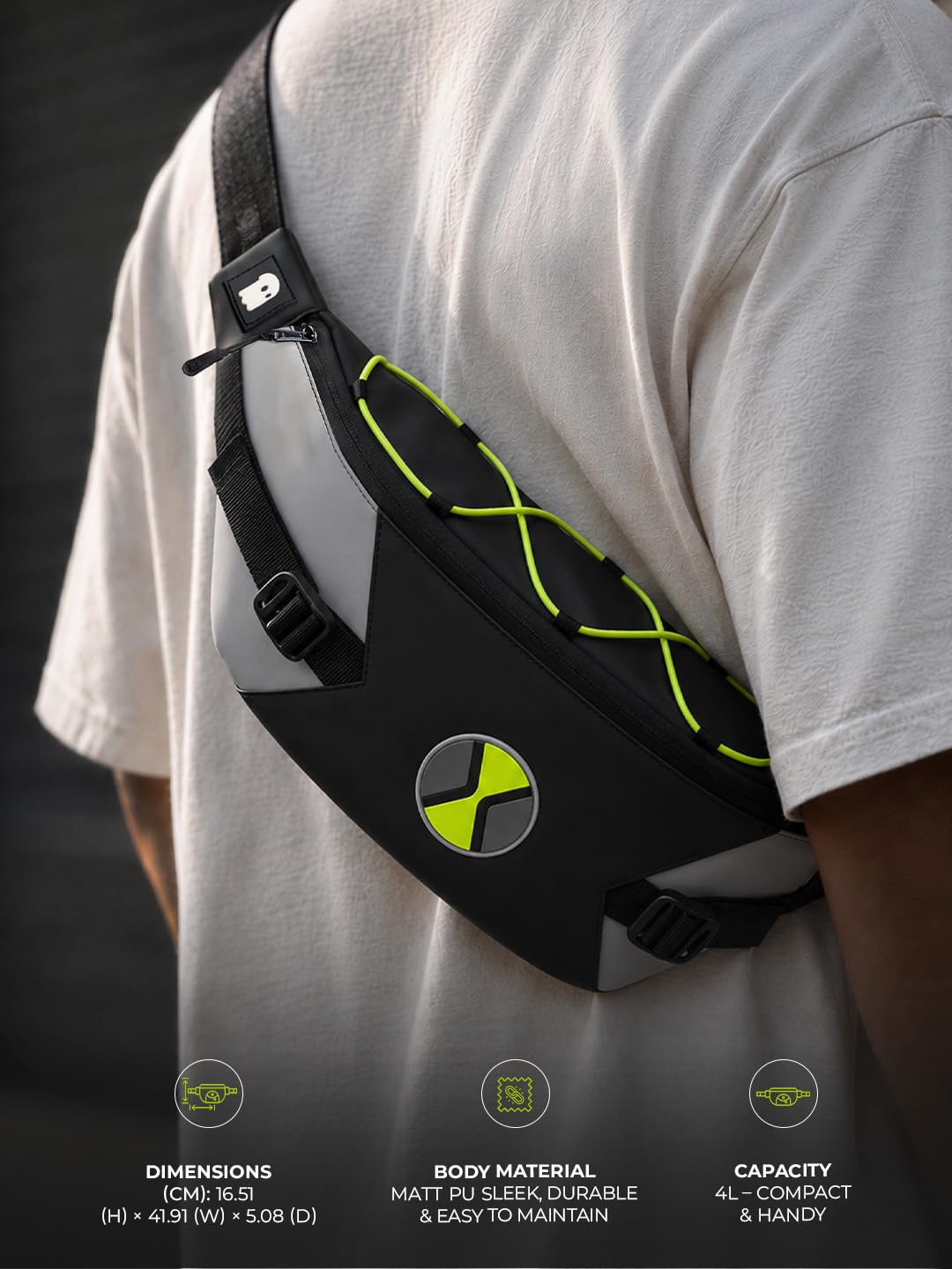The Souled Store Ben 10: Omni Gear Fanny Pack | Official Cartoon Network Merchandise | Premium Matte PU Sleek Crossbody Waist Bag with Neon Bungee Cord & Adjustable Strap for Men & Women