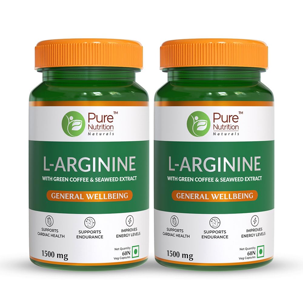 Pure Nutrition L-Arginine 1500mg - 120 Veg Capsules (60x2) | With Green Coffee, Seaweed & Beetroot Extract | Boosts Muscle Growth, Stamina, Heart Health & Blood Circulation | Energy & Endurance Supplement for Men & Women