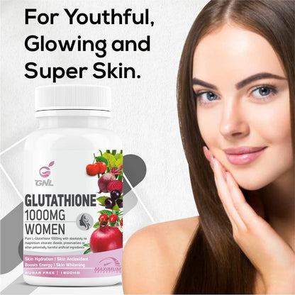 GNL Glutathione Tablets For Skin Whitening, L-Glutathione 1000mg Reduced, Vitamin E, Vit C, Biotin, Hyaluronic Acid & ALA, Collagen Supplements For Women-60 Glow Tablet (No Capsule Pack 1)