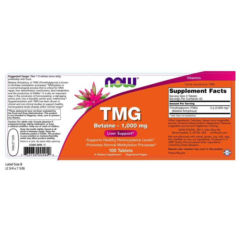 NOW Foods Extra Strength TMG 1,000 mg Tabs, 100 ct- image 7