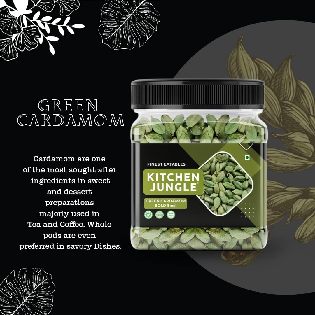 Kitchen Jungle Premium Green Cardamom (Elaichi) 100 Gm - Bold 8mm Size, Aromatic Spice for Culinary Delights