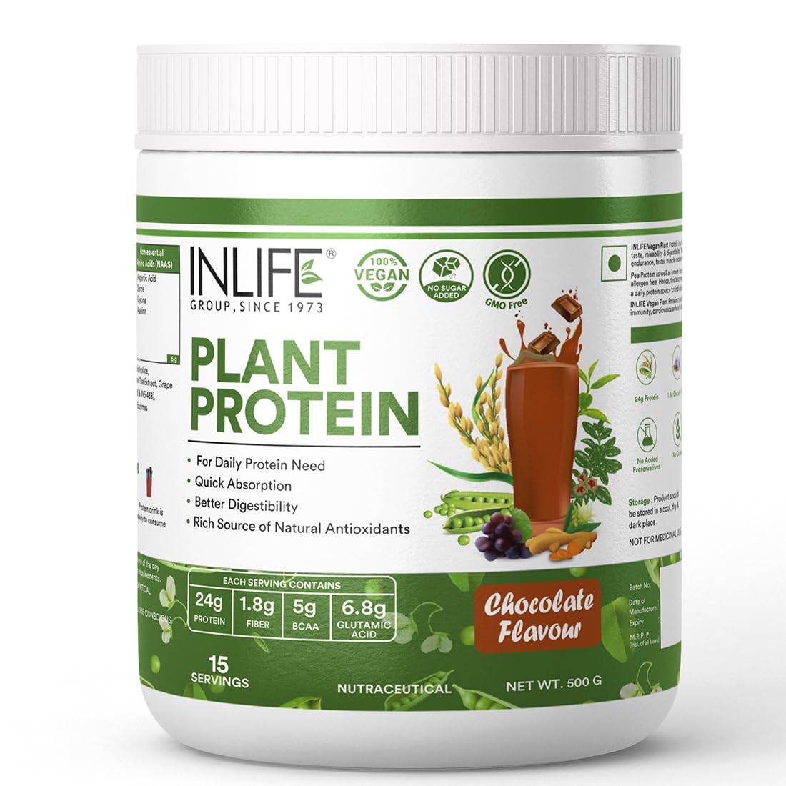 INLIFE Plant Protein Powder - Pea, Quinoa & Brown Rice - 25g Protein - Ashwagand