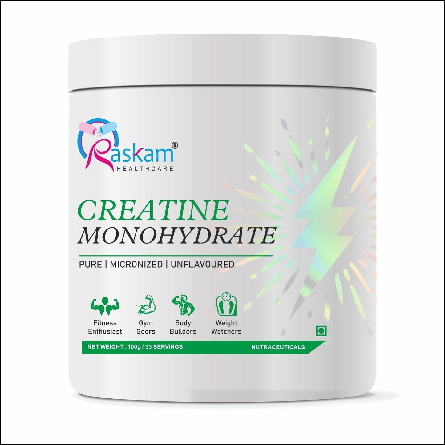 Raskam Creatine Monohydrate 100g – Micronised Formula | Boost Strength, Endurance & Muscle Recovery | Unflavoured Workout Supplement