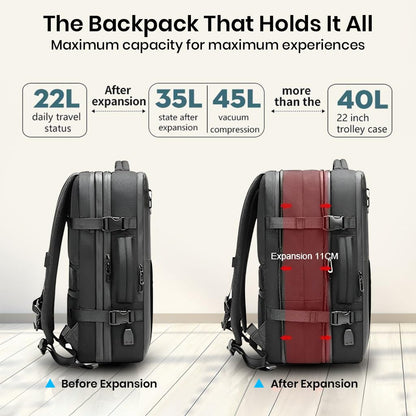 TECPHILE Airpack Laptop Backpack Vacuum Bag for Men Travel Waterproof Large Capacity 22L-45L Convertible Duffle Bag, fit for 17.3” Laptop USB Charging Port, Travelling Bag (Bag + Vacuum Pump)