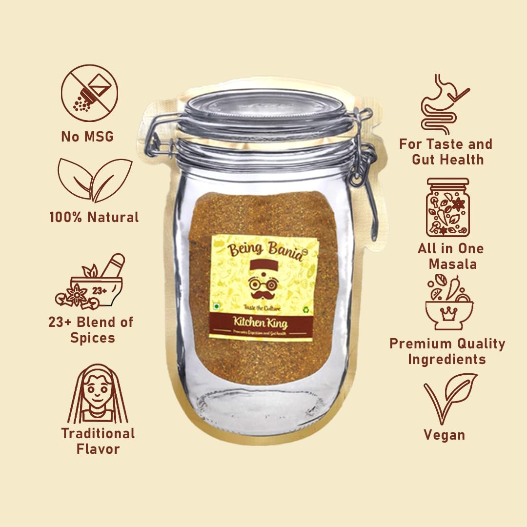 Being Bania Kitchen King Masala Pouch, 100 Gms | 100% Natural |natural Jain Masala No garlic or onion | | No Added Flavors or Preservative | For Healthy Routine | Promote Digestion & Gut Health | Exotic Indian Spices | Indian Masala
