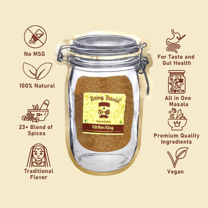 Being Bania Kitchen King Masala Pouch, 100 Gms | 100% Natural |natural Jain Masala No garlic or onion | | No Added Flavors or Preservative | For Healthy Routine | Promote Digestion & Gut Health | Exotic Indian Spices | Indian Masala