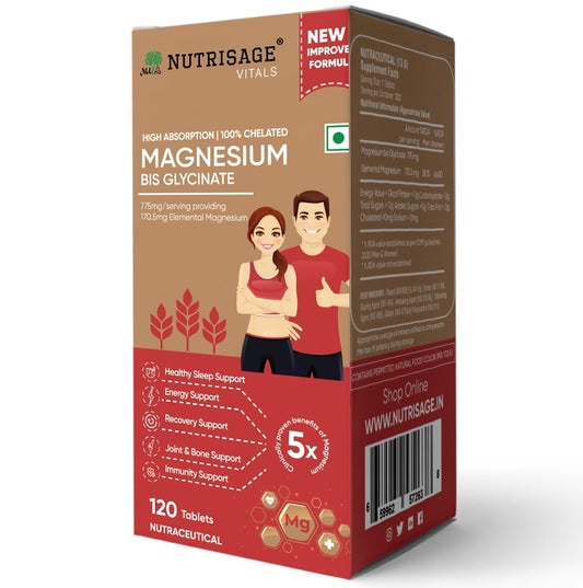 Nutrisage Magnesium Bisglycinate | Better Absorption than Glycinate | Support Muscle Recovery & Better Sleep For Men & Women- 120 Tablets
