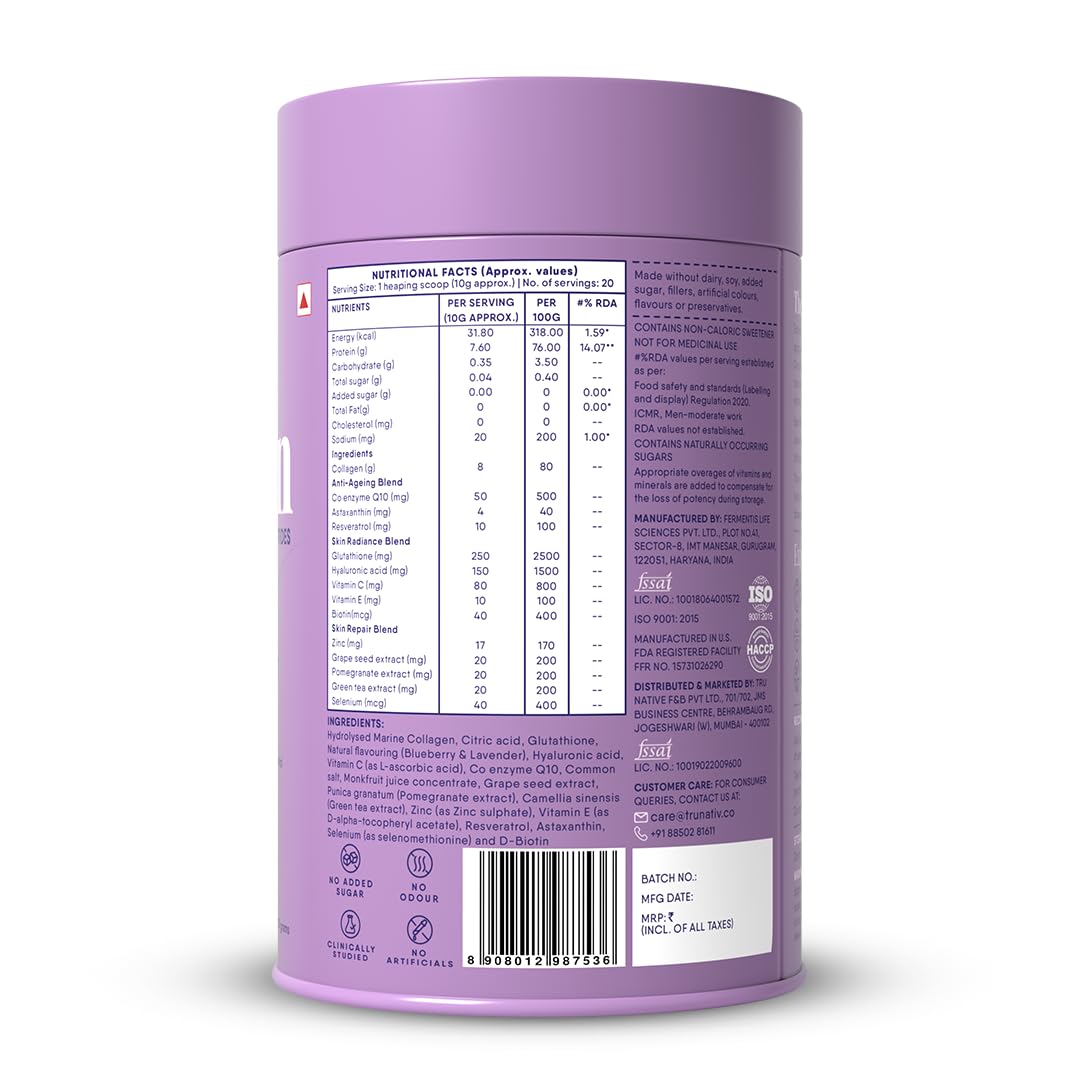 Trunativ Collagen Supplements | Advanced Japanese Marine Collagen Powder for Women & Men | Type 1 and 3 Hydrolyzed Peptides | Supplement with Hyaluronic Acid | Supports Skin Glow, Hair Growth, and Nail Strength | Blueberry Lavender (200g)