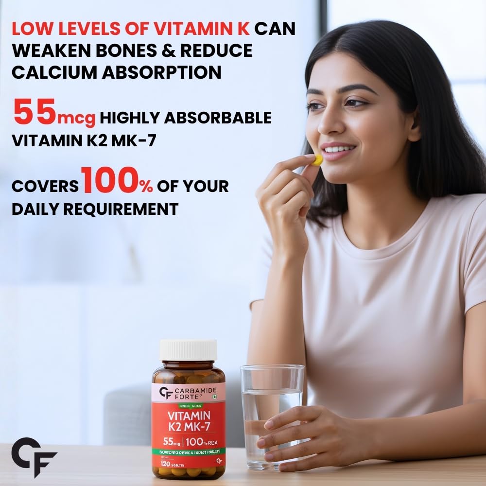Carbamide Forte Vitamin K2 MK7 55 mcg | MK7 Form for Better Calcium Utilization | Vitamin K2 Supplement To Support Strong Bones & Heart Health for Men & Women | 120 Vegetarian Tablets