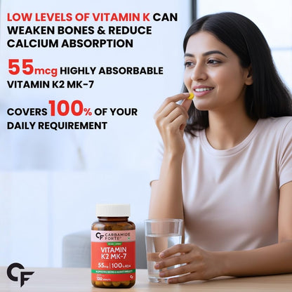 Carbamide Forte Vitamin K2 MK7 55 mcg | MK7 Form for Better Calcium Utilization | Vitamin K2 Supplement To Support Strong Bones & Heart Health for Men & Women | 120 Vegetarian Tablets