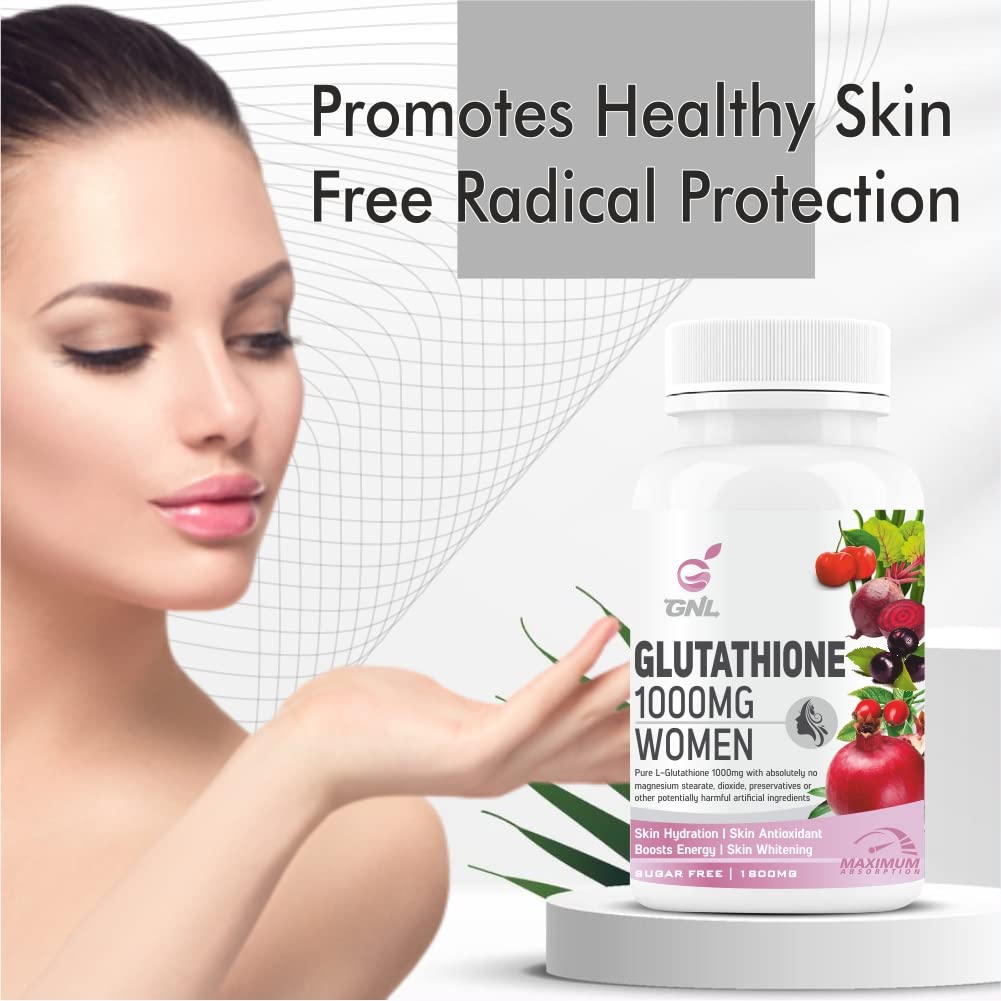 GNL Glutathione Tablets For Skin Whitening, L-Glutathione 1000mg Reduced, Vitamin E, Vit C, Biotin, Hyaluronic Acid & ALA, Collagen Supplements For Women-60 Glow Tablet (No Capsule Pack 1)