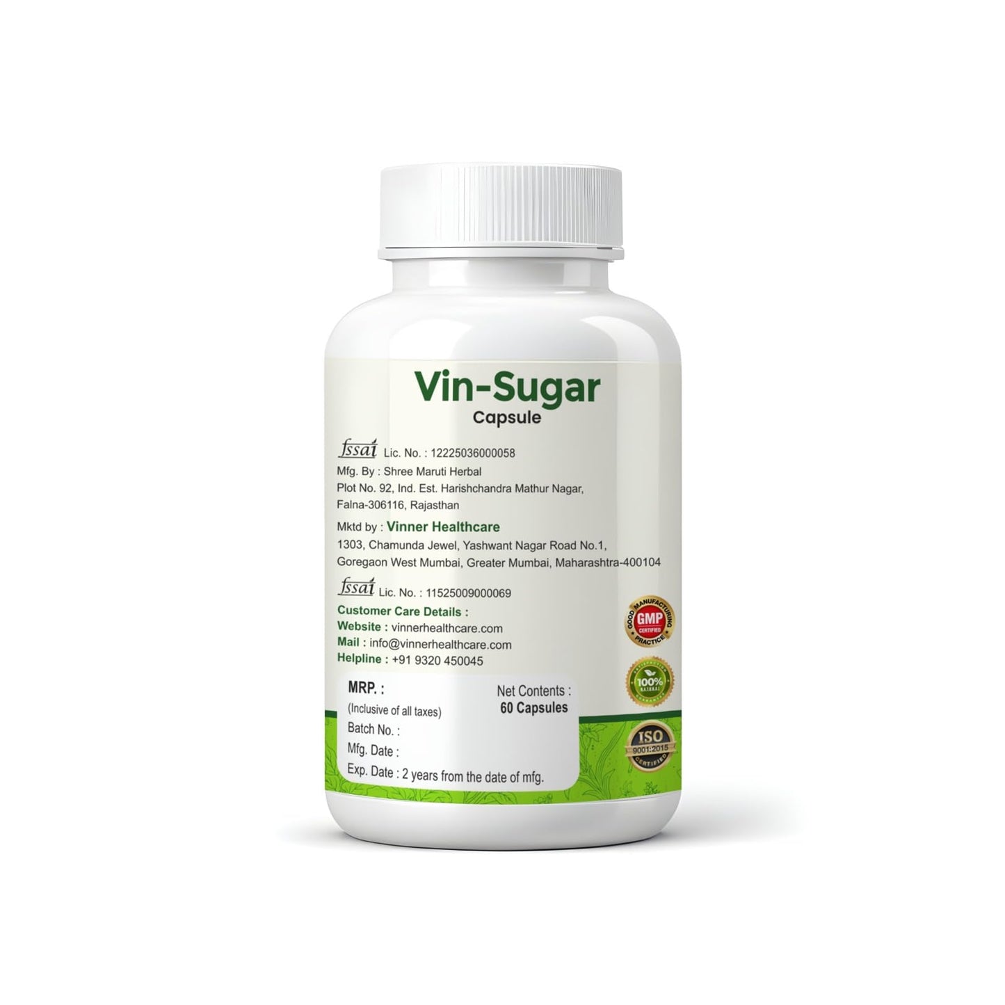 Vinner Healthcare Vin-Sugar Advanced Blood Sugar Support Formula, 60 Capsules, Ayurvedic Herbal Supplement (For both Men and Women)