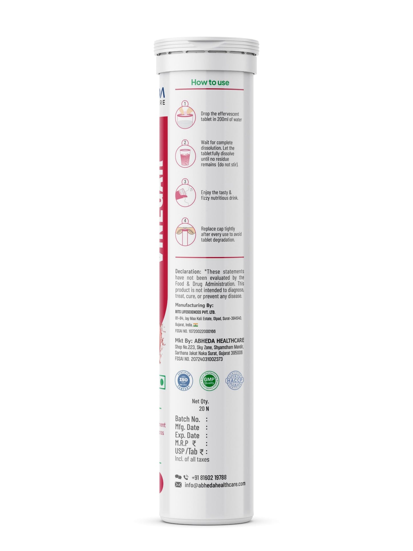 Abheda Healthcare Apple Cider Vinegar Effervescent Tablets - 500mg | ACV with Pomegranate, Beet Root & B-Vitamin | Supports Weight Management & Metabolism | 20 Tablet - Pack Of 1