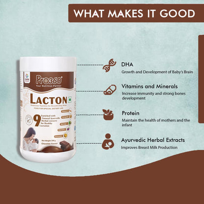 Pro360 Lacton Protein Powder for Breastfeeding, Lactating Women - Lactation Support Supplement for Mother with Herbal Extracts - Helps to Increase Breast Milk Supply - Chocolate Flavor, 200g