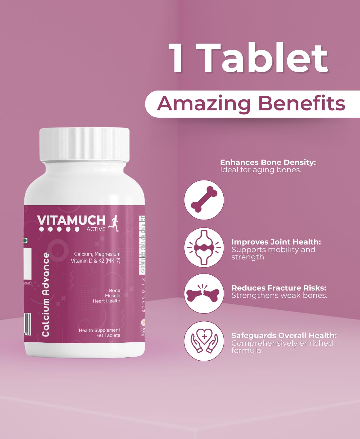 Vitamuch Bone Strength Tablets with Calcium, Vitamin K2, Vitamin D2, Magnesium & Zinc | Supports Bone Health, Joint Flexibility & Immunity | 60 Veg Tablets | 30 Days Pack