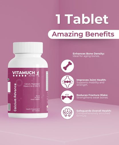 Vitamuch Bone Strength Tablets with Calcium, Vitamin K2, Vitamin D2, Magnesium & Zinc | Supports Bone Health, Joint Flexibility & Immunity | 60 Veg Tablets | 30 Days Pack
