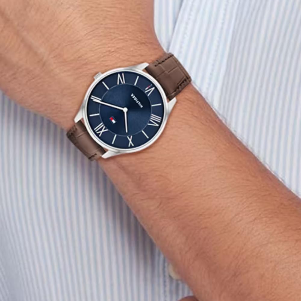 Tommy Hilfiger Becker Quartz Basic Slim Navy Dial Brown Leather Strap Analog Watch for Men