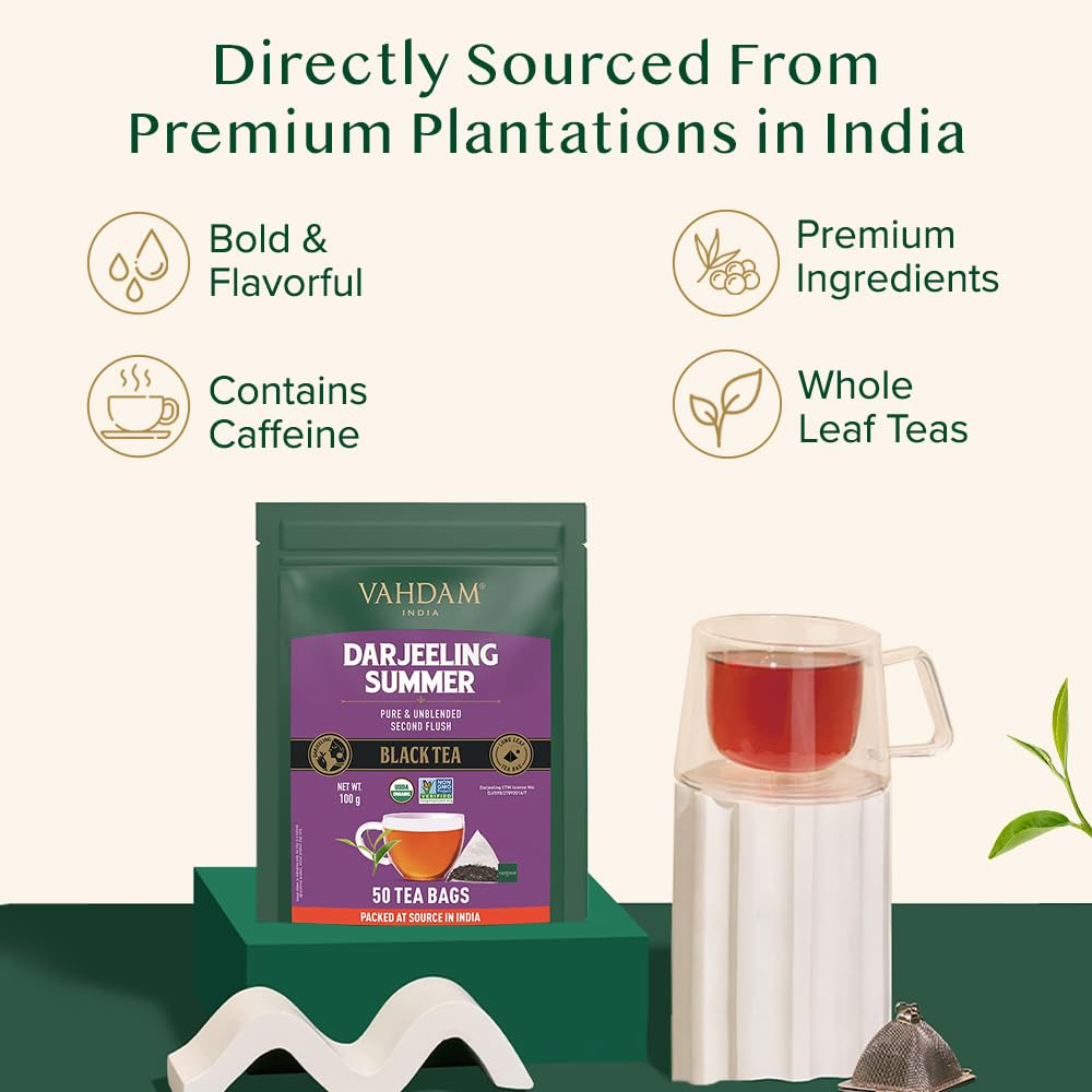 VAHDAM, Organic Darjeeling Black Tea Bags - 50 Pyramid Tea Bags | High Caffeine, Non-GMO, Gluten-Free | Robust & Flavoury | Unblended Second Flush Darjeeling Tea Bags | Resealable Ziplock Pouch