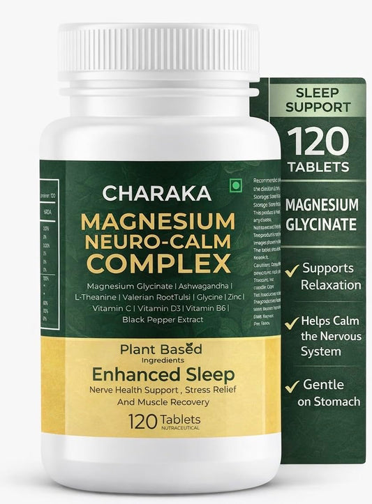 Charaka Magnesium Glycinate for Deep Sleep & Stress Relief | Fall Asleep Faster, Calm Mind | Ashwagandha, L-Theanine, Valerian | 120 Tablets | Non-Habit Forming