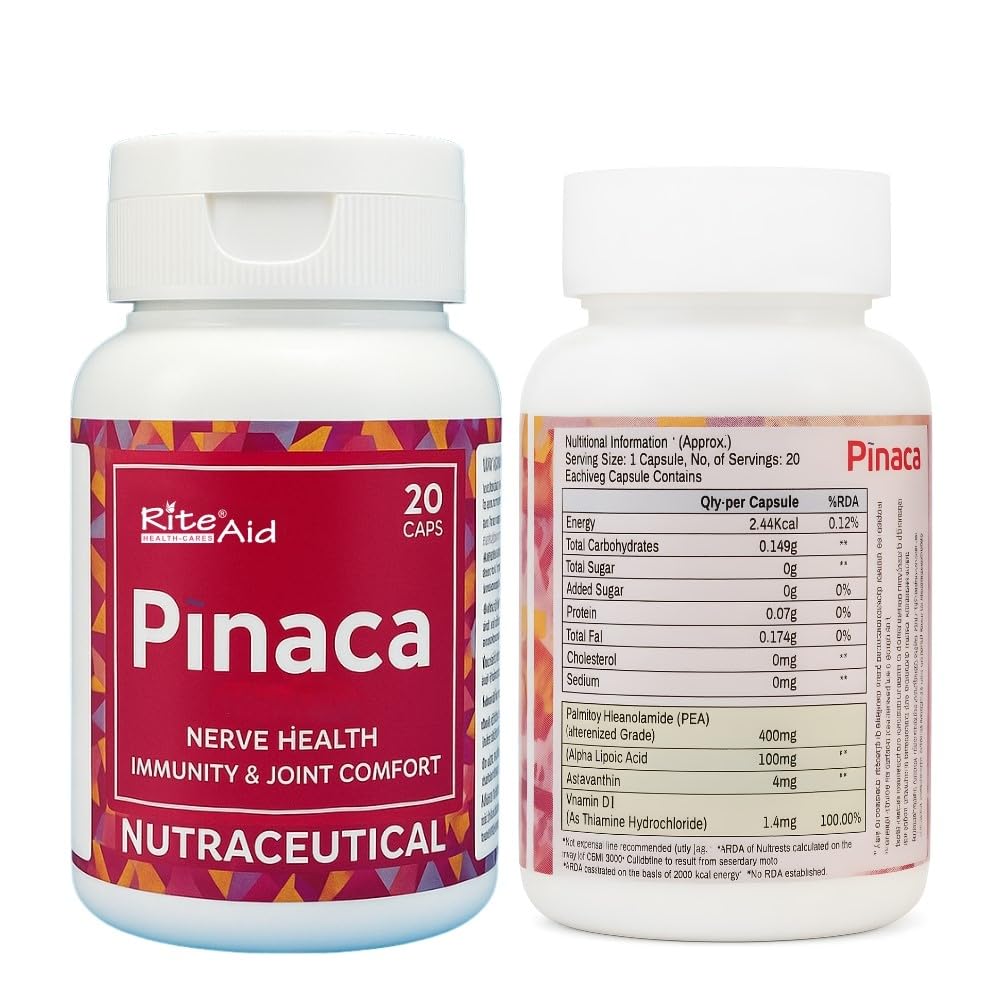 RITE AID HEALTH CARES Pinaca Nutraceutical Capsules for Nerve Health, Immunity & Joint Comfort | PEA, Alpha Lipoic Acid, Astaxanthin & Vitamin B1 | 20 Veg Capsules