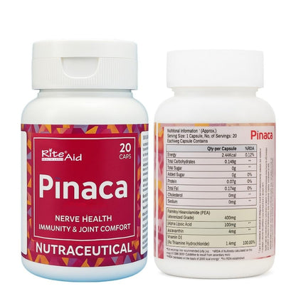 RITE AID HEALTH CARES Pinaca Nutraceutical Capsules for Nerve Health, Immunity & Joint Comfort | PEA, Alpha Lipoic Acid, Astaxanthin & Vitamin B1 | 20 Veg Capsules