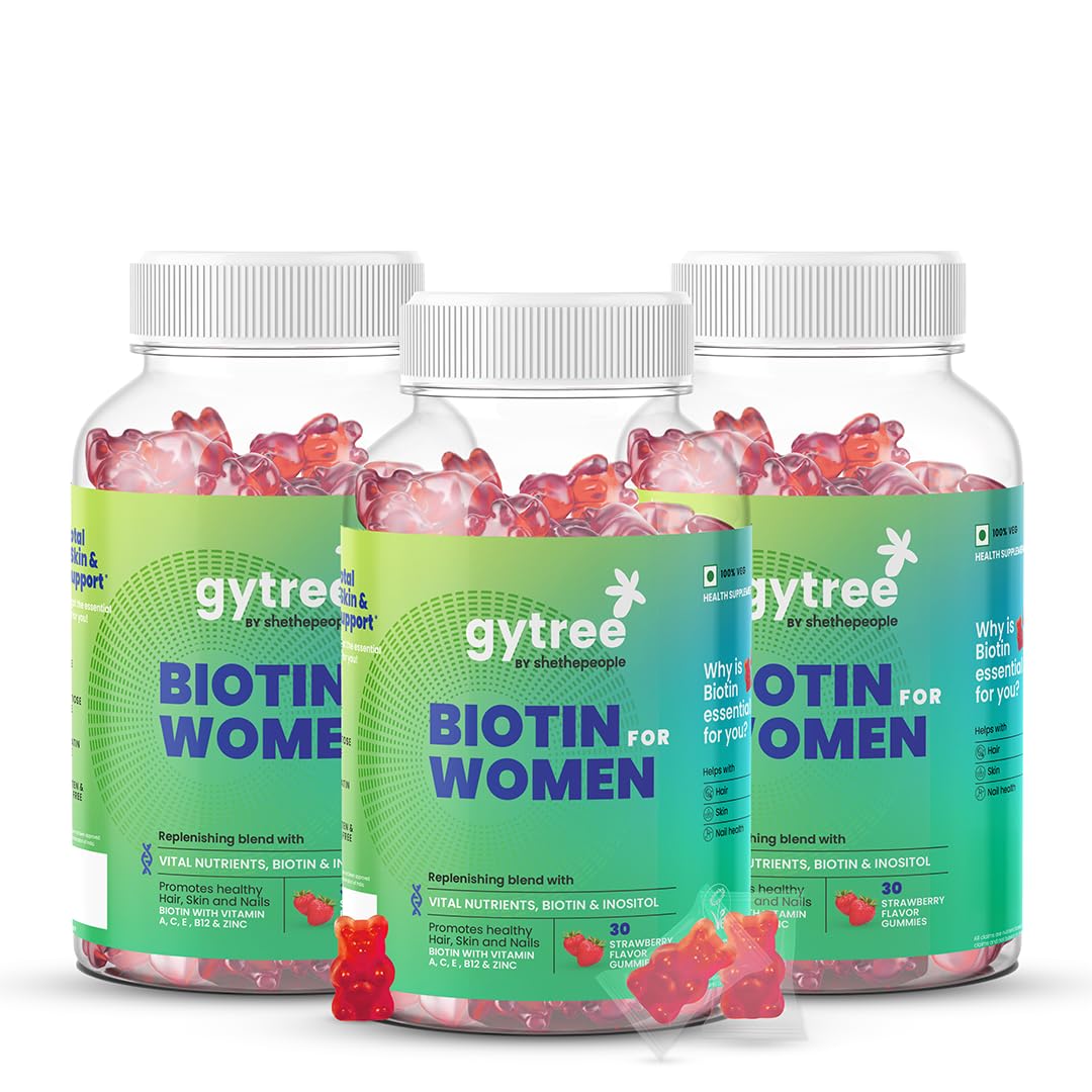 Gytree Biotin Gummies for Complete Hair, Skin & Nail Support | With Vital Nutrients, Inositol & Vitamin C, A, E, B6, Folate, Zinc | Strawberry Flavour | No Gelatin, No Soy, Lactose Free (90 gummies)