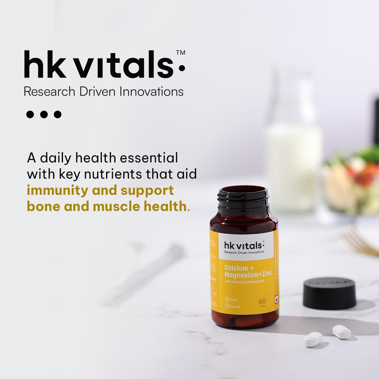 HK Vitals Calcium Magnesium & Zinc (60 Tablets) | With Vitamin D3, Calcium Supplement for Women and Men | For Bone Health & Joint Support