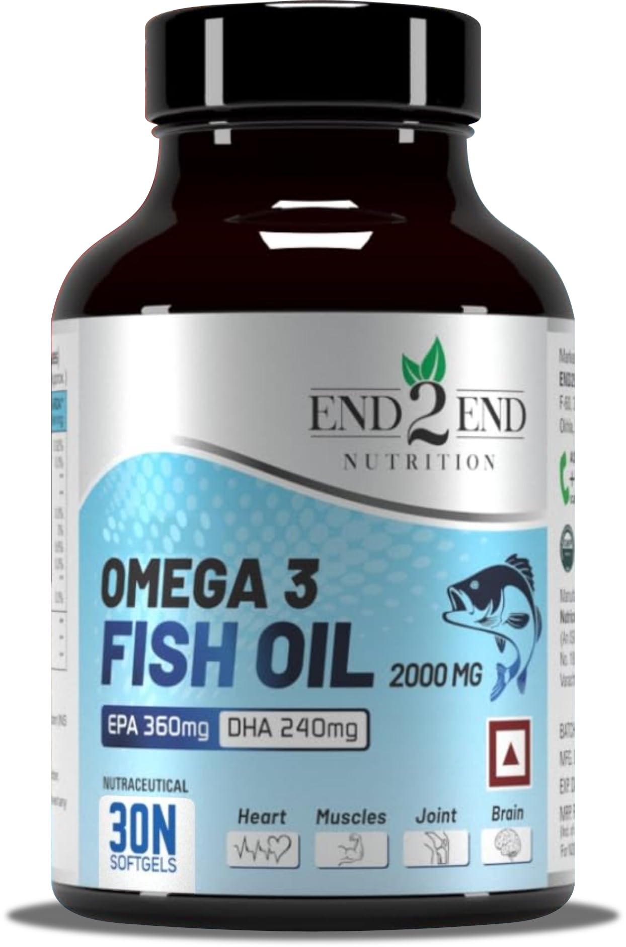 End2End Nutrition Omega 3 Fish Oil Capsules for Men & Women | Heart, Brain, Joint, Eye & Skin Health | 2000mg Fish Oil with 360mg EPA & 240mg DHA - 30 Capsules