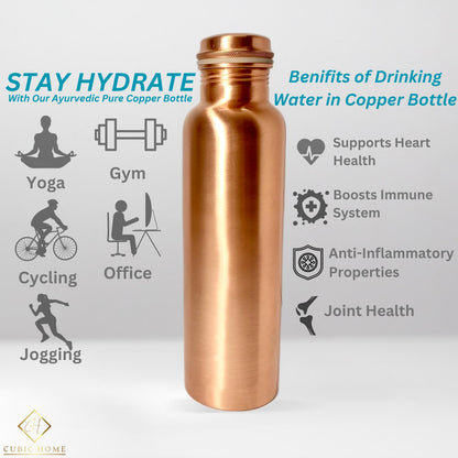 CUBIC HOME Ayurvedic Pure Copper Water Bottle 1000 ml For Drinking | Travel Water Bottle for Gym, Office, Hiking, Outdoor, Home and Gifting | Lab-Tested, Leak-Proof | (Smooth Finish Bottle)