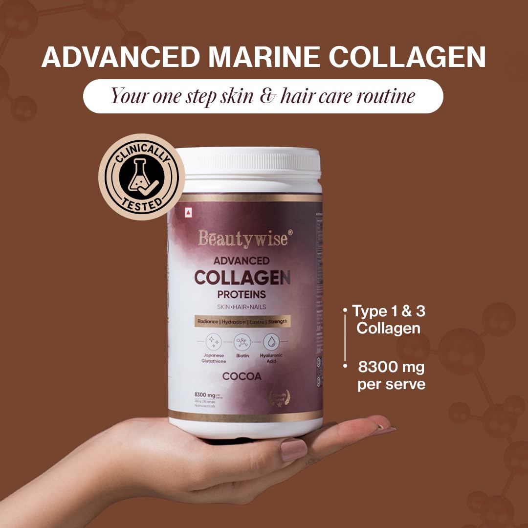 Beautywise Advanced Marine Collagen Proteins Powder | With Hyaluronic Acid, Japanese Glutathione & Biotin | Helps Keep Hair, Nail, Skin Healthy & Nourished | Easy To Mix (250Gm, Pack Of 1)