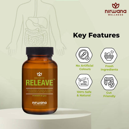 Nirwana Releave Powder for Constipation,Gas, Acidity & Bloating Relief | Natural Herbal Gut Cleanse & Detox | Soothes Digestive Tract | No Cramps or Diarrhoea | 100% Herbal Formula | 80g (Pack of 2)