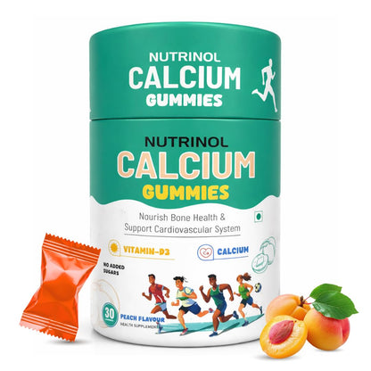 Knoll Healthcare Nutrinol Calcium Gummies with Vitamin D3 | Bone Health, Teeth Strength & Muscle Support | No Added Sugar | Peach Flavour Calcium Supplement for Men, Women & Kids | 30 Gummies