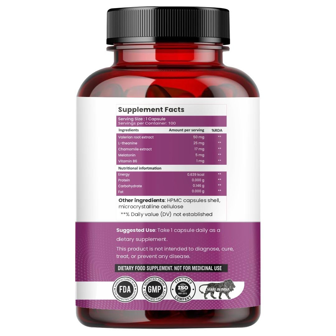 Raskam Healthcare Melatonin with Valerian Root, Chamomile & Vitamin B6 | Sleep Support Supplement | Capsules for Deep & Restful Sleep | Non-Habit Forming | 100 Veg Capsules
