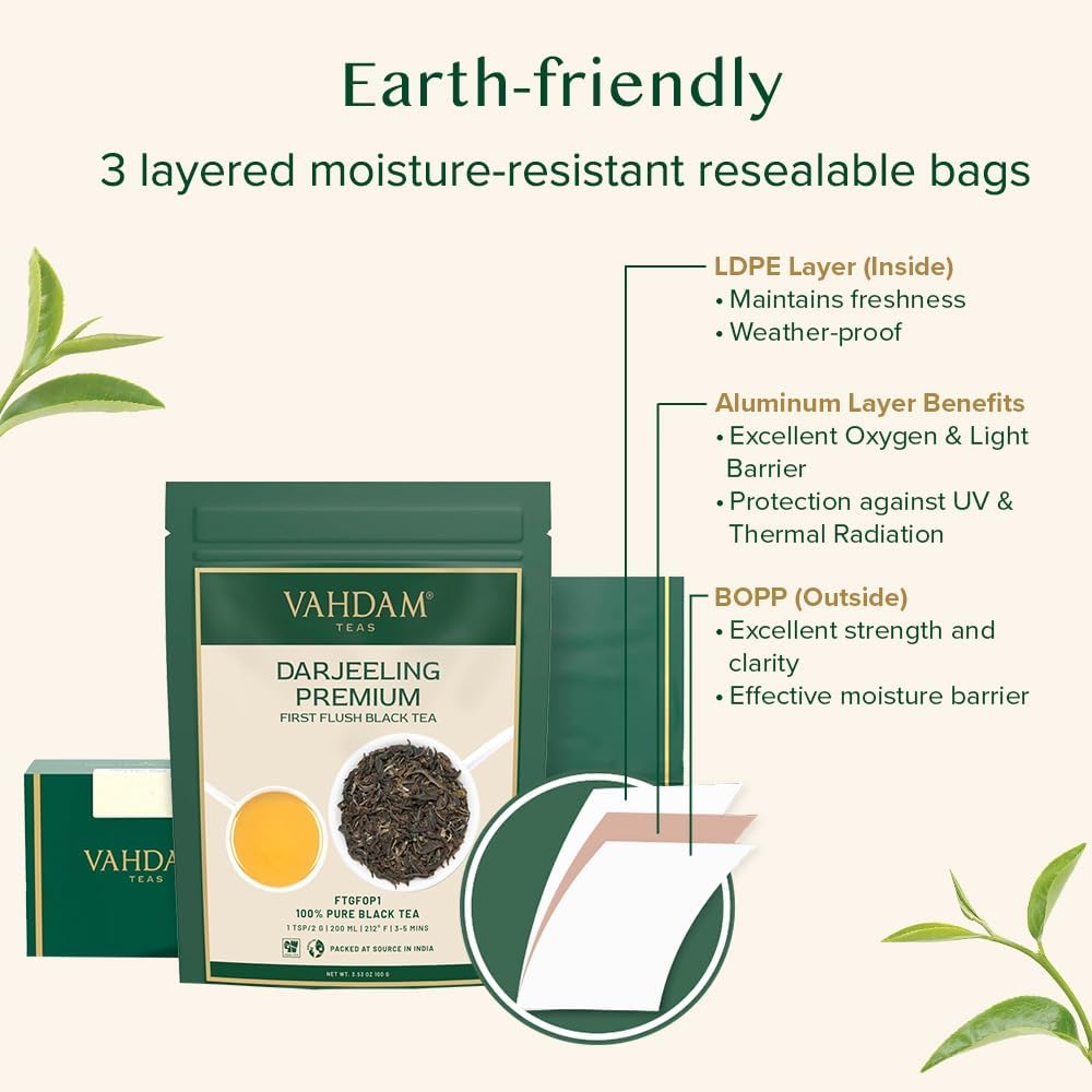 VAHDAM, First Flush Darjeeling Tea - (100g) | Loose Leaf Black Tea - Flowery, Aromatic & Delicious | Champagne Of Teas | Mellow & Fragrant | Direct From India | Vacuum Sealed
