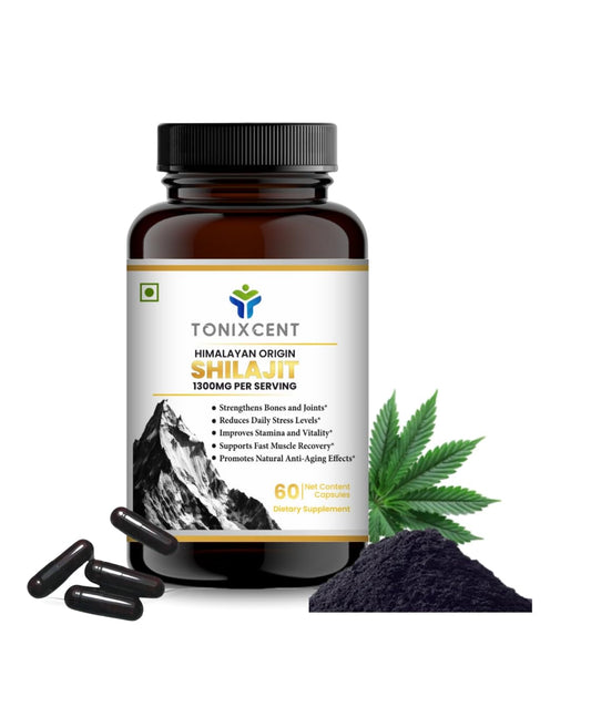 TONIXCENT Himalayan Shilajit Capsules 1300mg Per Serving, Natural Fulvic Acid & Trace Minerals Formula, Supports Energy, Stamina & Daily Wellness, Herbal Supplement for Men & Women, 60 Capsules