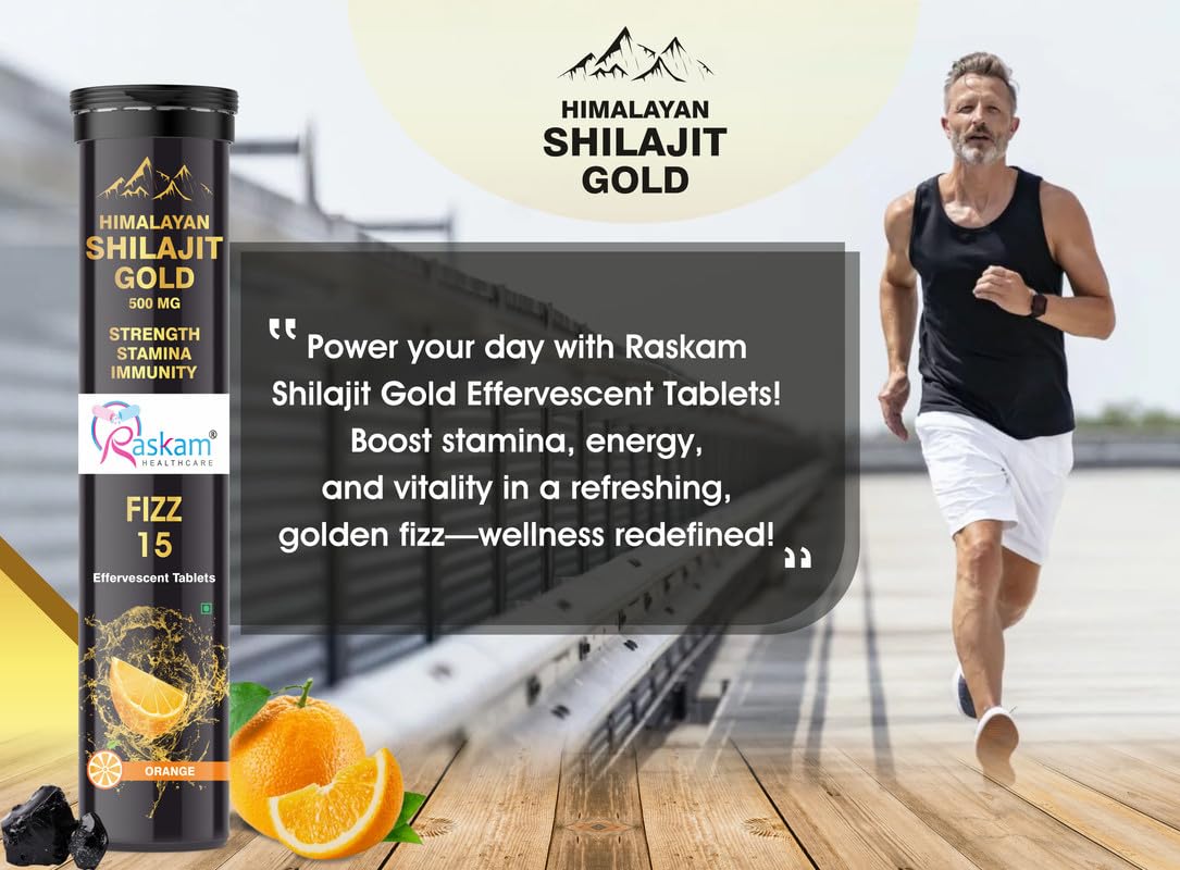 Raskam Shilajit Gold Fizz 15 Effervescent Tablets (Pack of 2) | With Ashwagandha, Gokshura & Safed Musli for Strength | Pure Himalayan Shilajit Gold For Men & Women in Orange Flavour, 500mg
