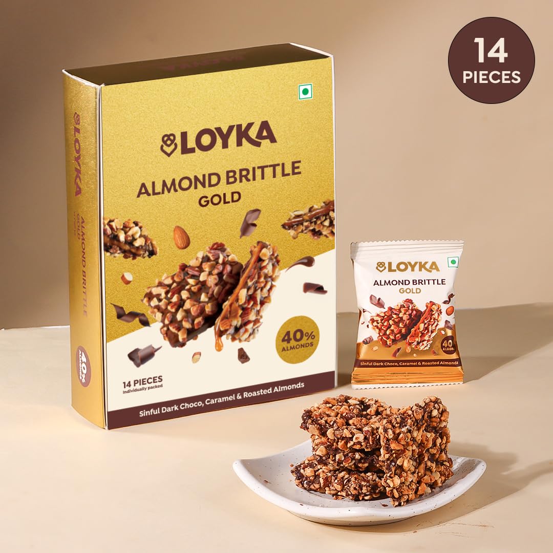LOYKA Almond Brittle Gold Choco Box 14 Pcs (Pack of 1) | Premium Chocolate Gift Hamper|Choco & Nut Dryfruit Delicacy|Roasted California Almonds (40%),Dark Choco,Salted Caramel,Any-Time Snack