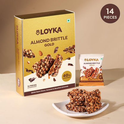 LOYKA Almond Brittle Gold Choco Box 14 Pcs (Pack of 1) | Premium Chocolate Gift Hamper|Choco & Nut Dryfruit Delicacy|Roasted California Almonds (40%),Dark Choco,Salted Caramel,Any-Time Snack