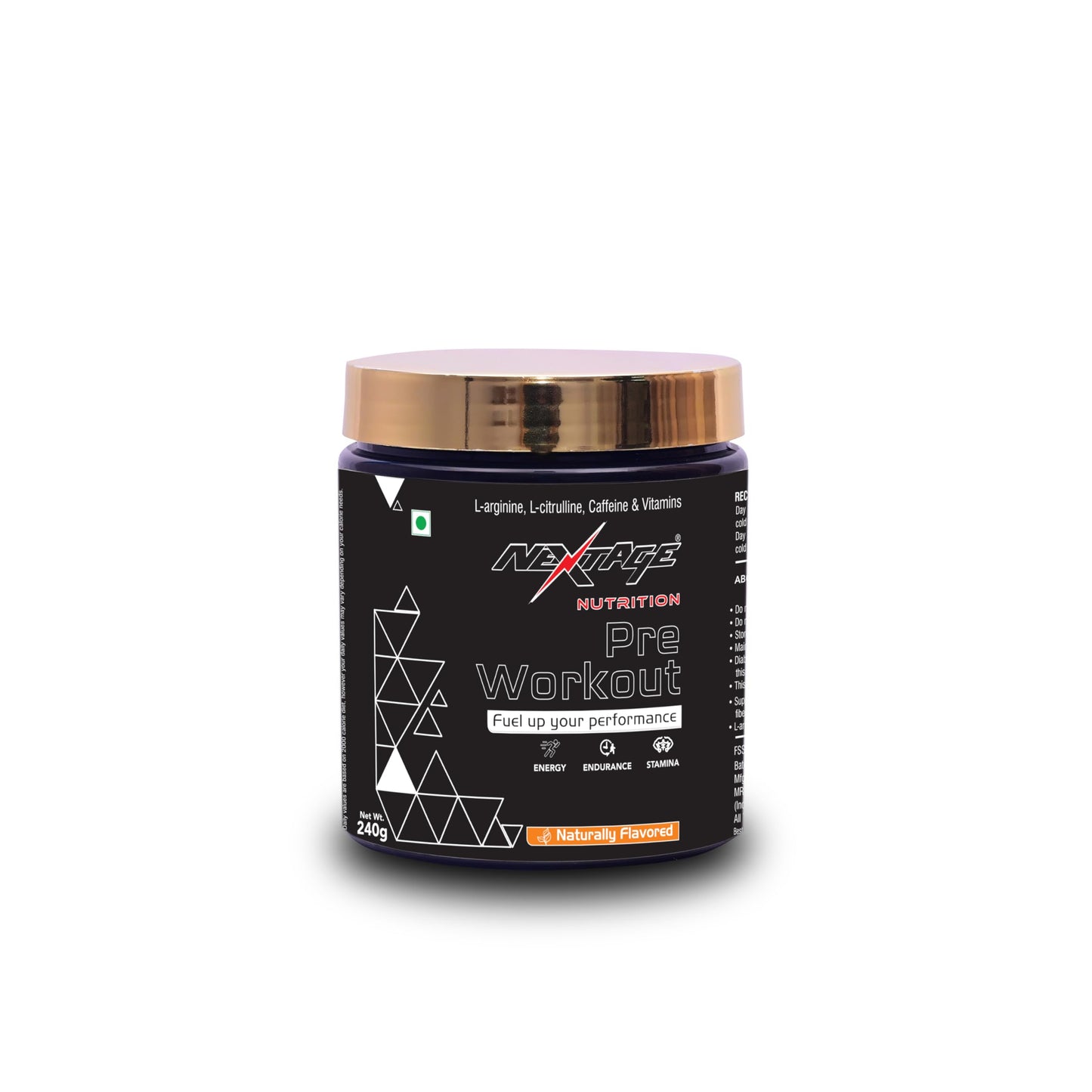 Nextage Nutrition Pre-Workout with L-Arginine, L-Citrulline, BCAA, Caffeine & Vitamins – Naturally Flavoured, 240g