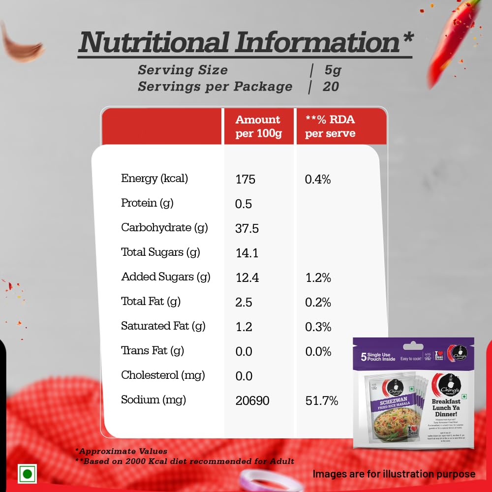 Ching’s Secret Desi Chinese Schezwan Fried Rice Masala, 100g, Authentic Schezwan Flavour, Easy To Cook, Meal Kit, Cooks in 4/5Mins, 1 Pouch Serves 4, Pack of 5 Single Use Pouches