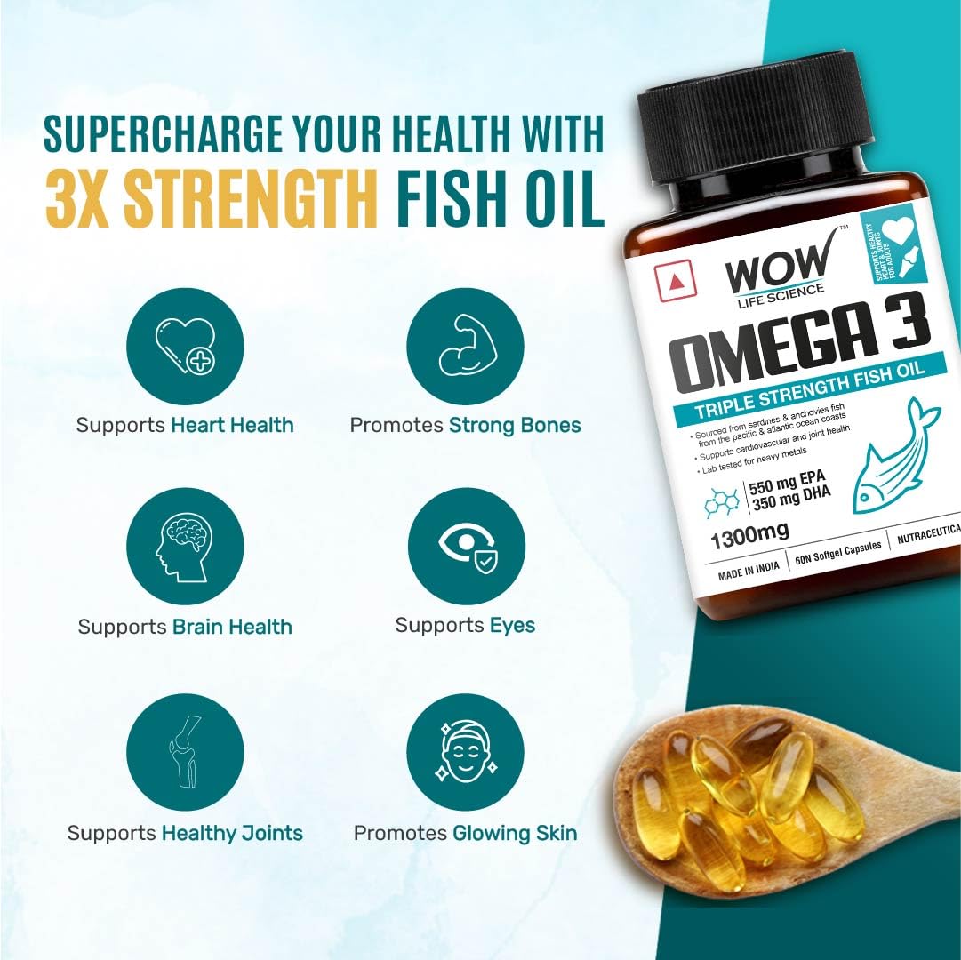 WOW Omega-3 Fish Oil 1300 mg Triple Strength 550mg EPA 350mg DHA, Burpless, Mercury free, Ideal for Keto Diet