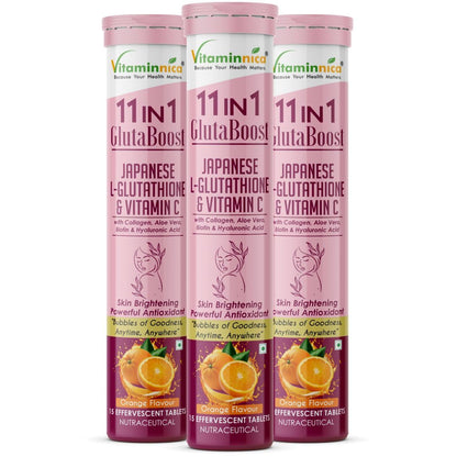 Vitaminnica Gluta Boost 11-in-1-45 Effervescent Tablets Orange Flavour with Japanese L-Glutathione, Collagen, & Hyaluronic Acid | Skin Radiance & Beauty Supplement | (Pack of 3)