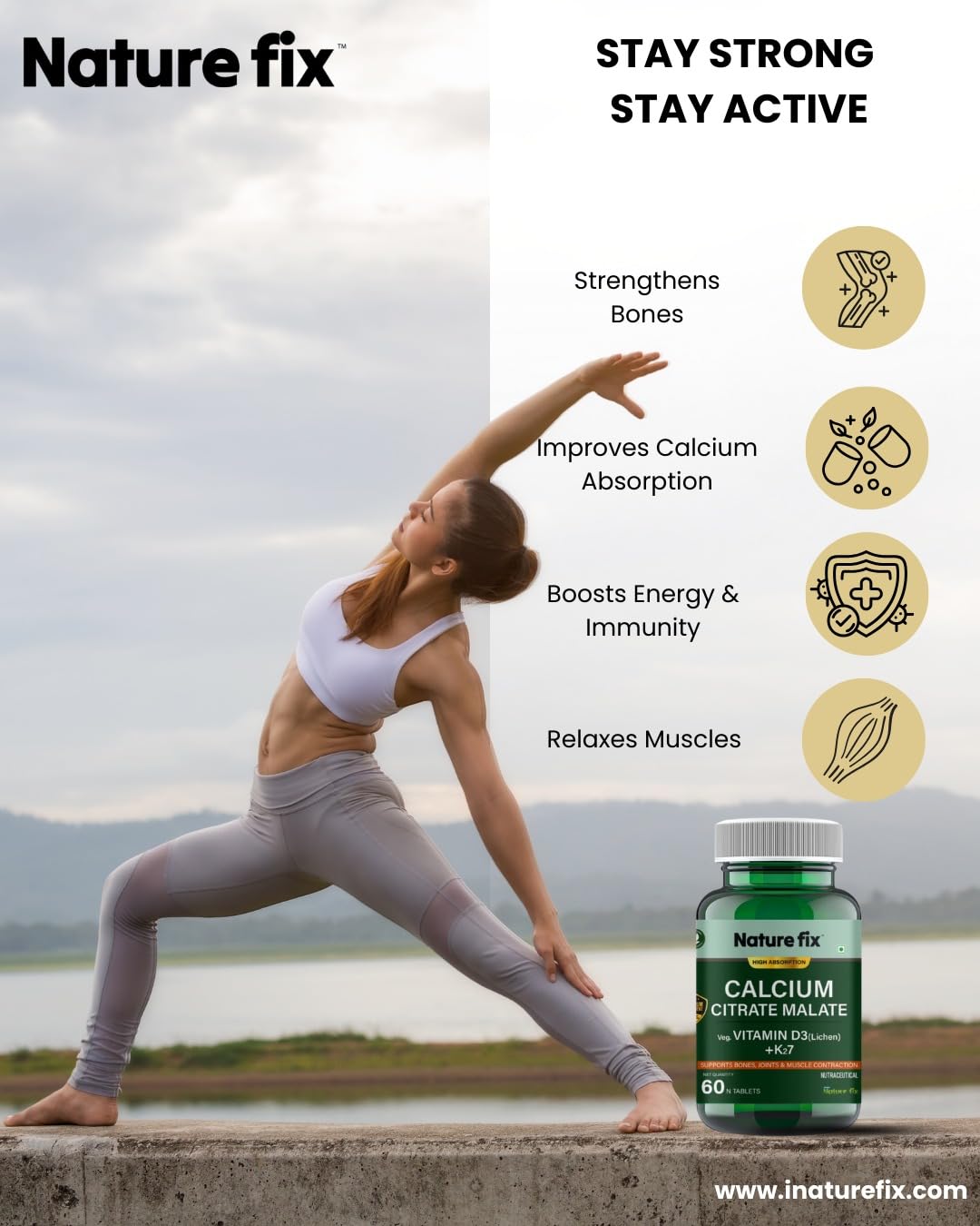 Nature Fix Calcium Citrate Malate with Veg. Vitamin D3 (Lichen) + K27 – Supports Bones, Joints & Muscle Contraction – 60 Tablets