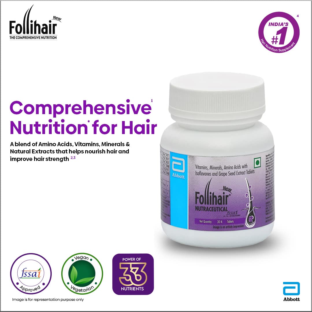 Follihair New By Abbott Helps Nourish & Strengthen Hair Follicles Tablet, Amino Acids, Vitamins, Minerals & Natural Extracts Twin Pack (30 X 2)